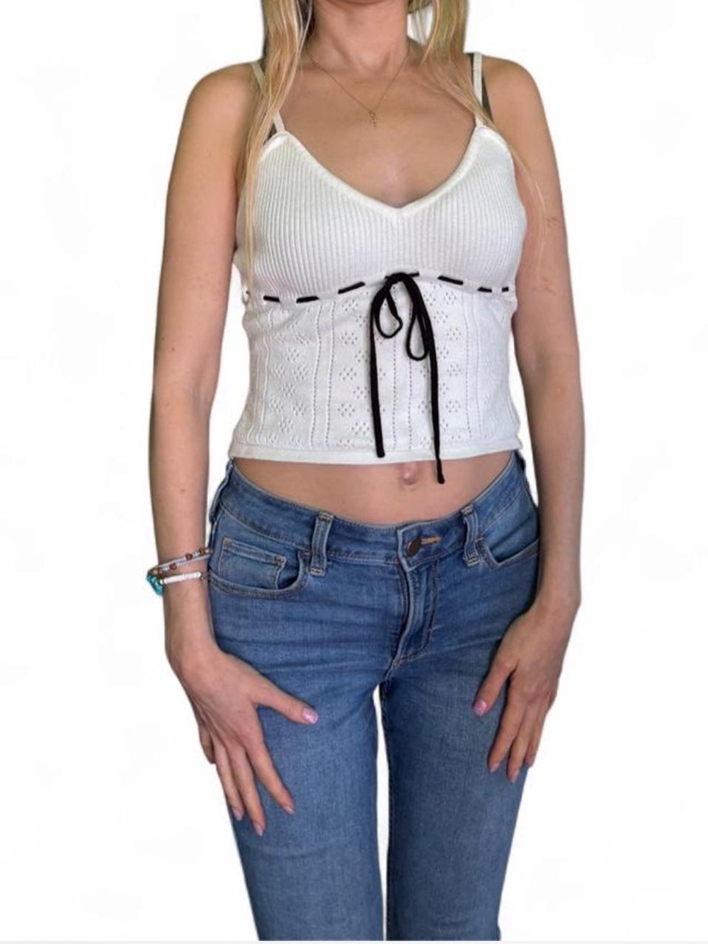 Dainty coquette soft knit camisole with lace up pointelle Sm